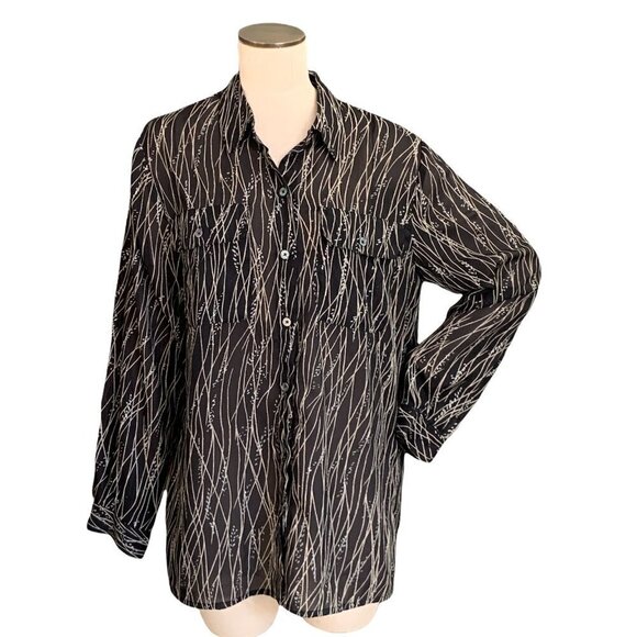 VTG Carole Little Sz 14 Button Front Tunic Blouse Black Silver Metallic #229J - Picture 2 of 8